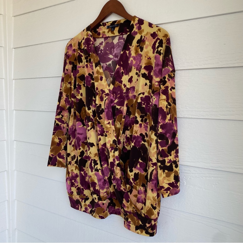 ANNE KLEIN Long-Sleeve V-Neck Burgundy Plum Gold Women’s Blouse Size XL - Picture 3 of 11